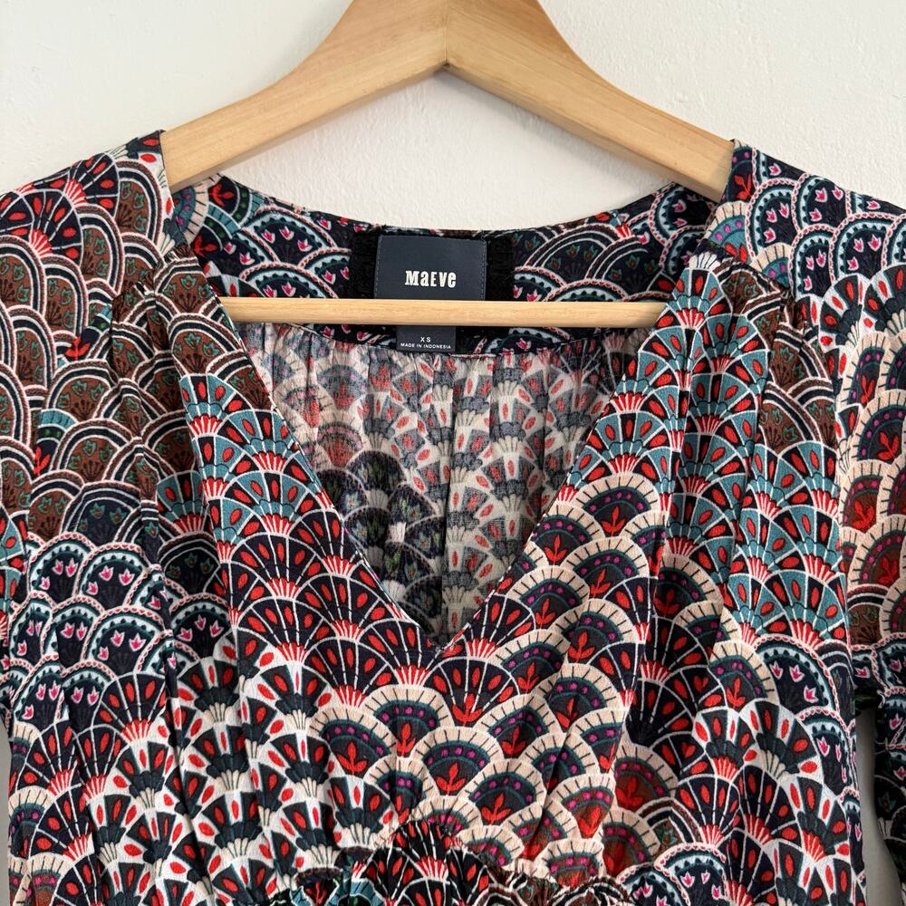 Anthropologie Maeve Monaco Fan Print Long Sleeve Dress Size XSmall Babydoll Boho - Picture 4 of 12